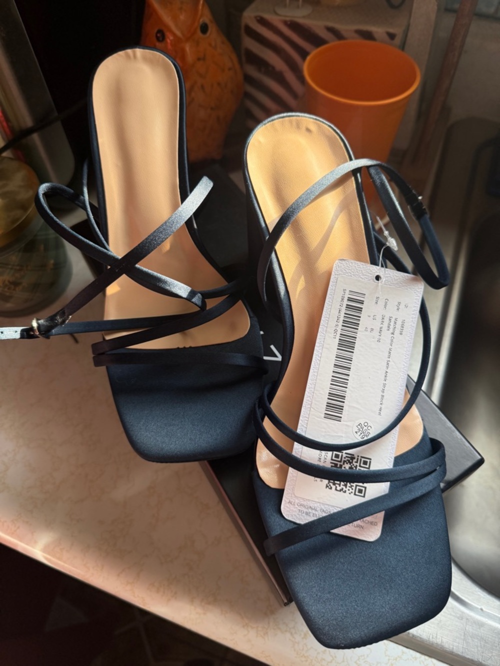 Azazie Black Strappy Square-Toe Heeled Sandals